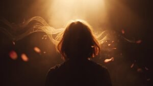 abstract silhouette with warm lights, flowing threads and subtle music symbols, reflecting माया and inner ठहराव