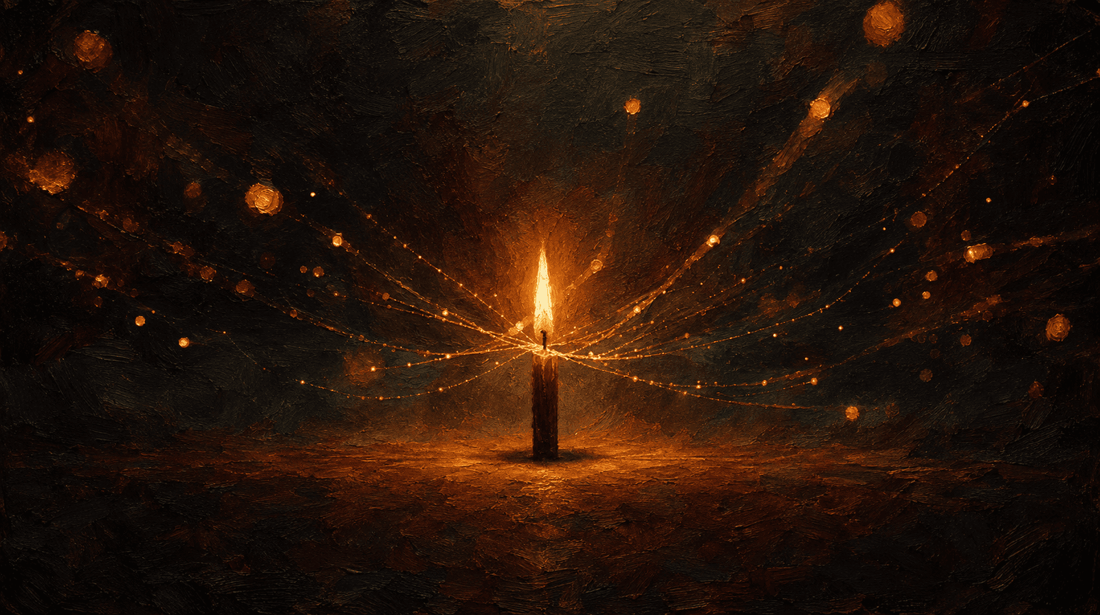 Candle flame illuminating delicate threads in a textured impasto painting